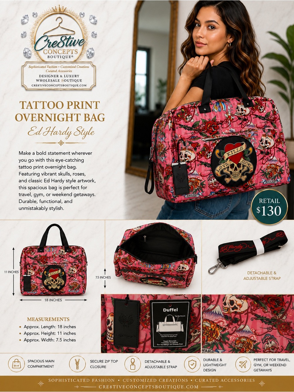 Ed Hardy Limited Edition Pink Tattoo Print Duffel Travel Weekender Bag - Picture 5 of 5